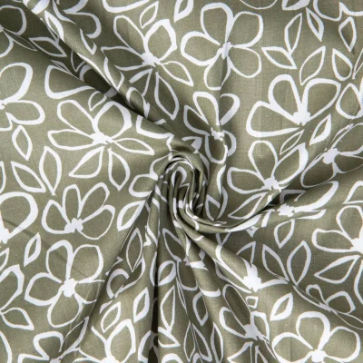 Tissu Coton imprimé Flowa correze fleurs Blanc sur fond Vert kaki clair - Par 10 cm