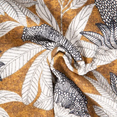 Tissu Toile d&#039;ameublement fibres recyclées grandes fleurs sur fond Brun - Par 10 cm