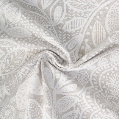 Tissu Toile de Coton Savoie grandes feuilles Blanc sur fond Gris clair - Par 10 cm