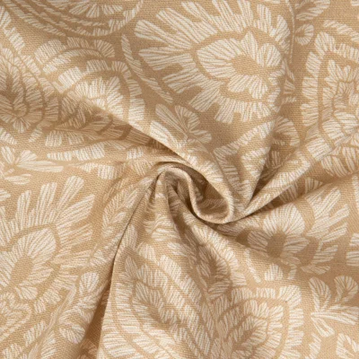 Tissu Toile de Coton Haute Savoie grandes feuilles Beige sur fond Beige sable - Par 10 cm