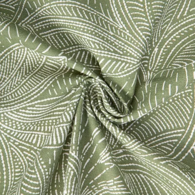 Tissu Toile de Coton Haute Savoie grandes feuilles Blanc sur fond Vert sauge - Par 10 cm
