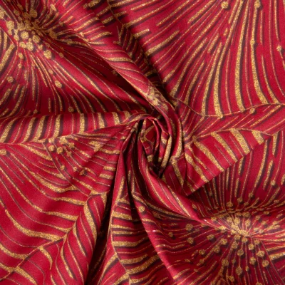 Tissu Etamine de Coton imprimé Mia fleurs Dorée sur fond Rouge - Par 10 cm