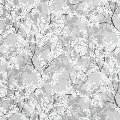 Tissu Toile Savoie enduit fleurs Yoshino sur fond Gris clair - Par 10 cm