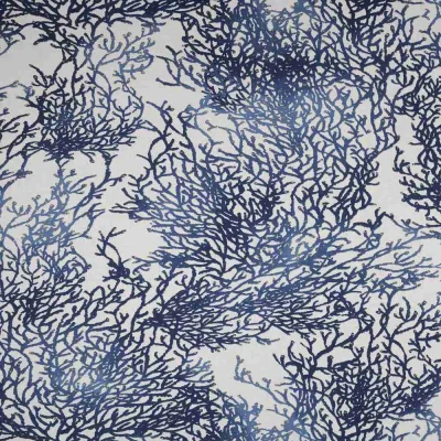 Tissu Toile  Savoie bleu indigo Calédonie sur fond Blanc cassé - Par 10 cm