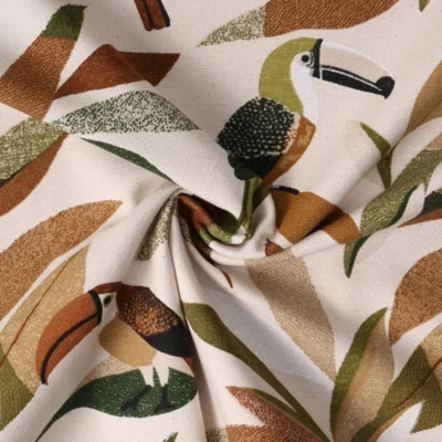 Tissu Toile Canvas Oriana toucans et feuillages sur fond Ecru chiné - Par 10 cm