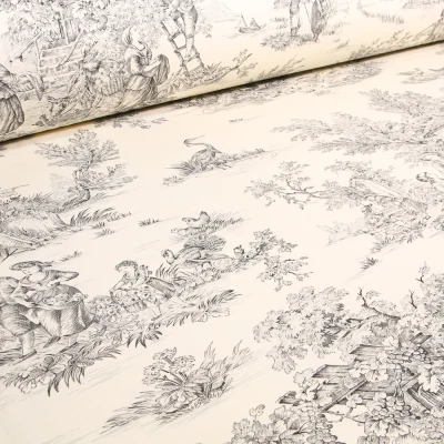 Tissu Toile de Jouy Grande largeur Au fil du temps Noir - Par 10 cm