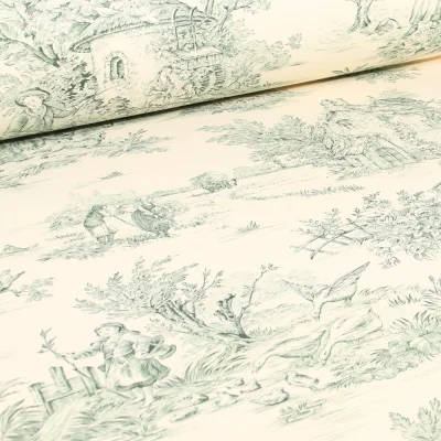 Tissu Toile de Jouy Grande largeur Au fil du temps Vert - Par 10 cm