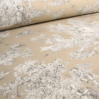 Tissu Toile de Jouy Grande largeur Au fil du temps Beige sable - Par 10 cm
