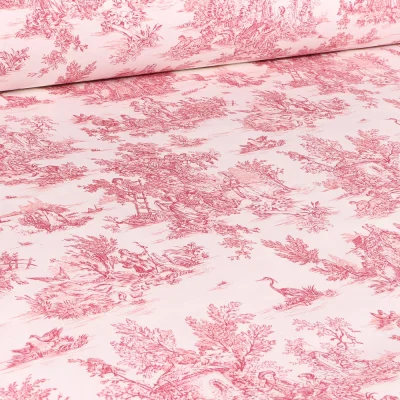 Tissu Coton imprimé grande largeur Jouy rouge sur fond Blanc cassé - Par 10 cm