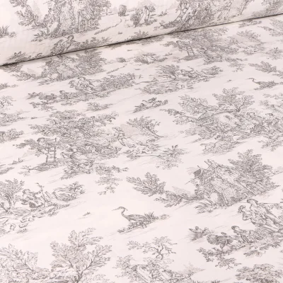 Tissu Coton imprimé grande largeur Jouy anthracite sur fond Blanc cassé - Par 10 cm