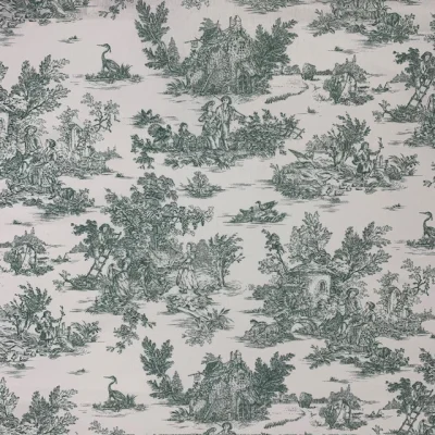 Tissu Coton imprimé Pastorale Vert sur fond Blanc - Par 10 cm