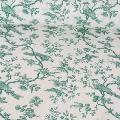 Tissu Coton imprimé aspect toile Mesange Vert sur fond Blanc - Par 10 cm