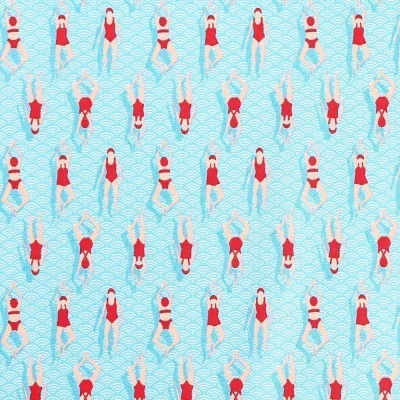 Tissu Coton Imprimé Arty Nageuses sur fond Bleu - Par 10 cm