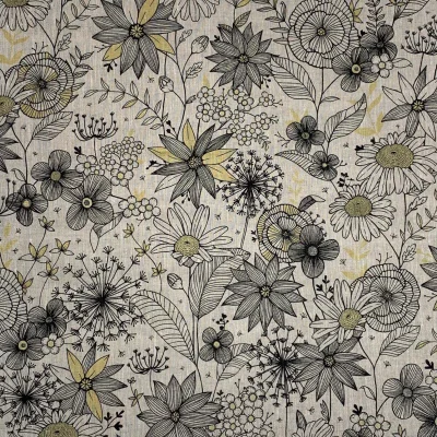 Tissu Toile de Coton Fleurs noires blanches et dorées sur fond Naturel - Par 10 cm