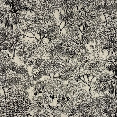 Tissu Lin d&#039;ameublement Végétations Black &amp; White sur fond Naturel - Par 10 cm