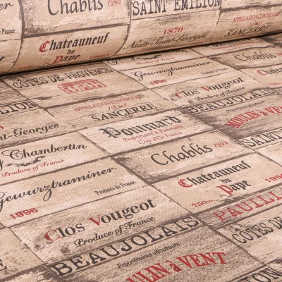 Tissu Toile de Coton Cuvée de vins sur fond Beige - Par 10 cm