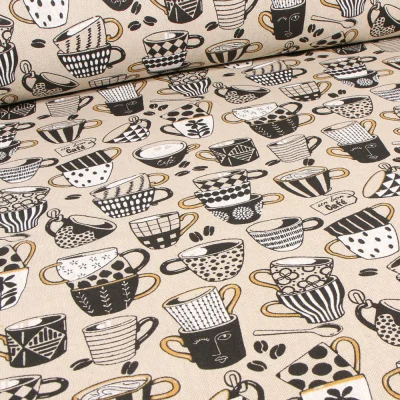 Tissu Toile de Coton Café time sur fond Naturel - Par 10 cm