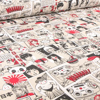 Tissu Toile de Coton BD Manga sur fond Naturel - Par 10 cm