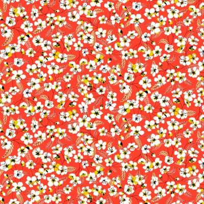 Tissu Coton imprimé Miyu sur fond Corail - Par 10 cm