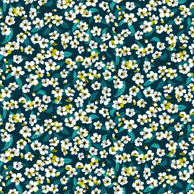 Tissu Coton imprimé Miyu sur fond Bleu pétrole - Par 10 cm