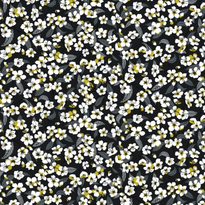 Tissu Coton imprimé Miyu sur fond Gris anthracite - Par 10 cm