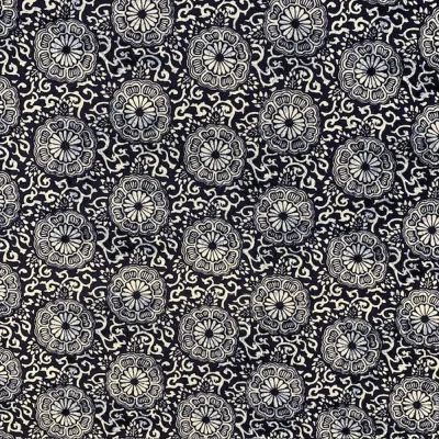 Tissu Coton enduit Paranga fleuris sur fond Bleu denim - Par 10 cm