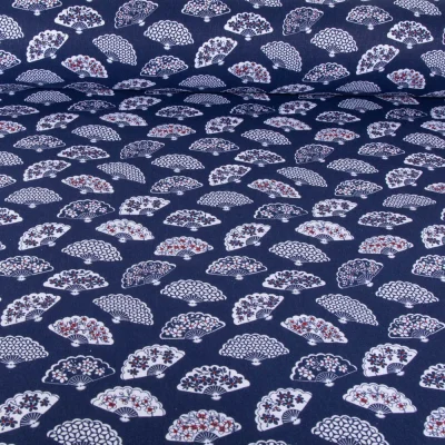 Tissu Coton imprimé Eventails Pekin sur fond Bleu marine - Par 10 cm