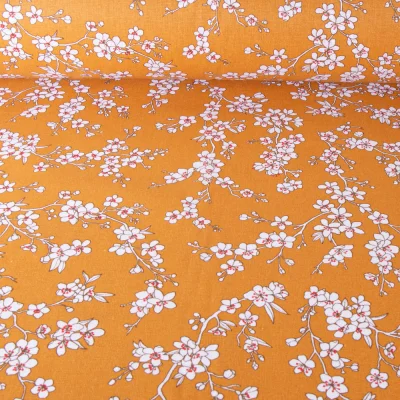 Tissu Coton imprimé Fleur d&#039;amandier sur fond Jaune - Par 10 cm