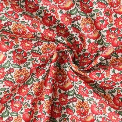 Coupon Tissu Coton imprimé Arty Mirelda fleurs vintage Rouges sur fond Blanc - Par coupon de 3 mètres
