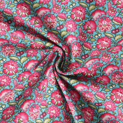Tissu Coton Cretonne Mirelda fleurs vintage Roses sur fond Bleu - Par 10 cm