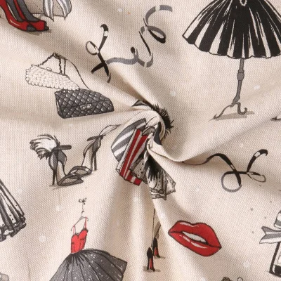 Tissu Toile Polycoton Eloïna mode parisienne sur fond Beige - Par 10 cm