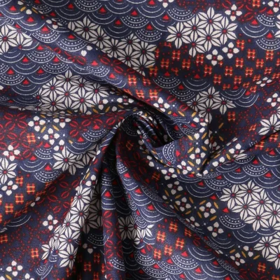 Tissu Coton Cretonne Shogun motifs traditionnels japonais sur fond Bleu - Par 10 cm