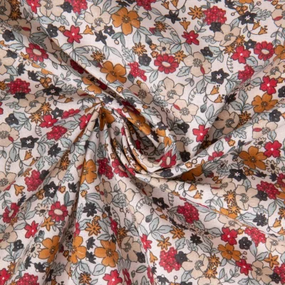 Tissu Coton imprimé Arty Agatha fleuris Ocre sur fond Blanc - Par 10 cm