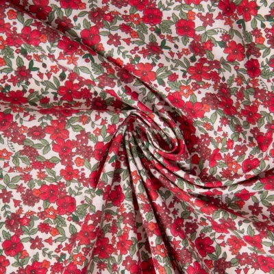 Tissu Coton imprimé Arty Agatha fleuris Rouge sur fond Blanc - Par 10 cm