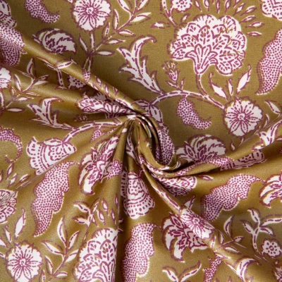 Tissu Coton enduit Agra fleuris sur fond Ocre - Par 10 cm