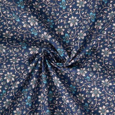 Tissu Coton imprimé Arty Goa fleuris sur fond Bleu marine - Par 10 cm