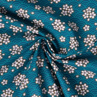 Tissu Coton imprimé Arty Washi éventail fleuris sur fond Bleu - Par 10 cm