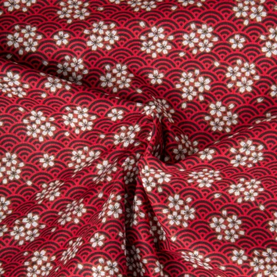 Tissu Coton imprimé Arty Washi éventail fleuris sur fond Rouge - Par 10 cm
