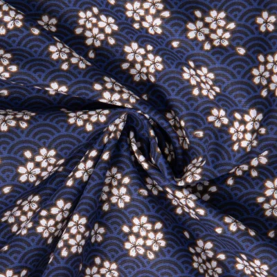 Tissu Coton imprimé Arty Washi éventail fleuris sur fond Bleu nuit - Par 10 cm