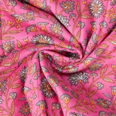 Tissu Coton Matelassé réversible Santal fleuris sur fond Rose fuchsia - Par 10 cm