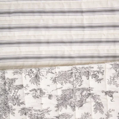 Tissu Coton Matelassé réversible Mathilda rayures Noir sur fond Blanc cassé - Par 10 cm