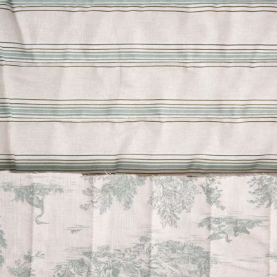 Tissu Coton Matelassé réversible Mathilda rayures Vert sur fond Blanc cassé - Par 10 cm