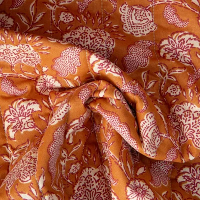 Tissu Coton Matelassé réversible Karikal fleuris sur fond Terracotta - Par 10 cm