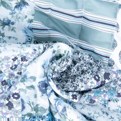 Tissu Coton Matelassé réversible patchwork végétal Bleu sur fond Blanc - Par 10 cm