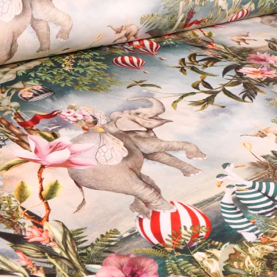 Tissu Velours d&#039;ameublement épais tout doux Cirque et végétations sur fond Beige - Par 10 cm