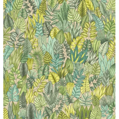 Tissu Lin d&#039;ameublement Feuillages vert sur fond Blanc cassé - Par 10 cm