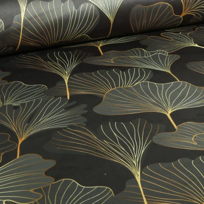 Coupon Tissus Velours ras épais tout doux Gingko Tiffany or sur fond Noir - Coupon de 60 cm