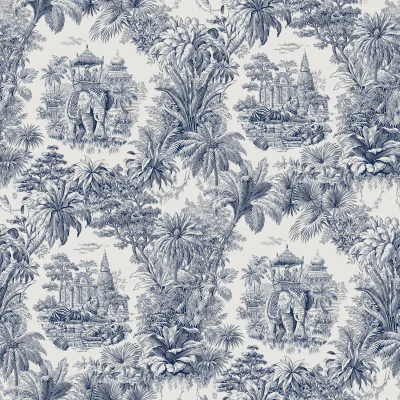 Tissu Coton Lin Jouy Maharani Marine sur fond Lin Naturel - Par 10 cm
