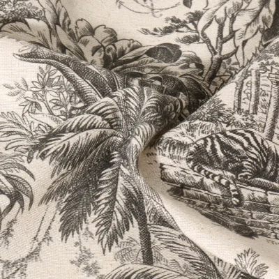 Tissu Coton Lin Jouy Maharani Noir sur fond naturel - Par 10 cm