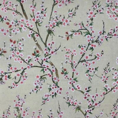 Tissu Toile de Coton Merisier sur fond Beige - Par 10 cm